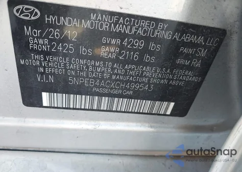 2012 Hyundai Sonata Gls Pzev из США, поврежденный, VIN 5NPEB4ACXCH499543